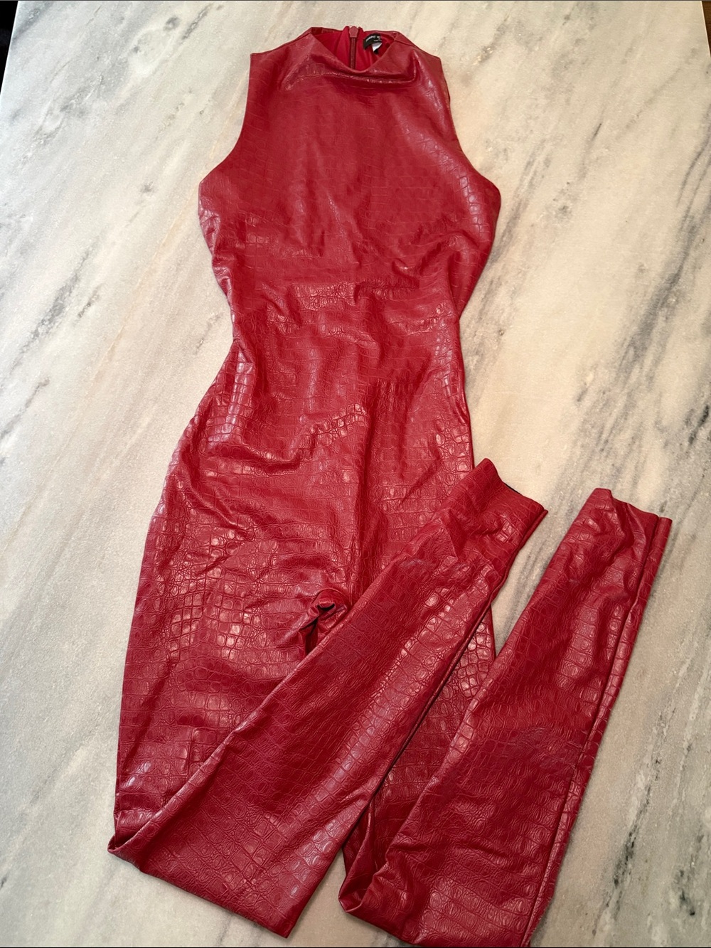 naked wardrobe Red Faux Croc Sleeveless Jumpsuit